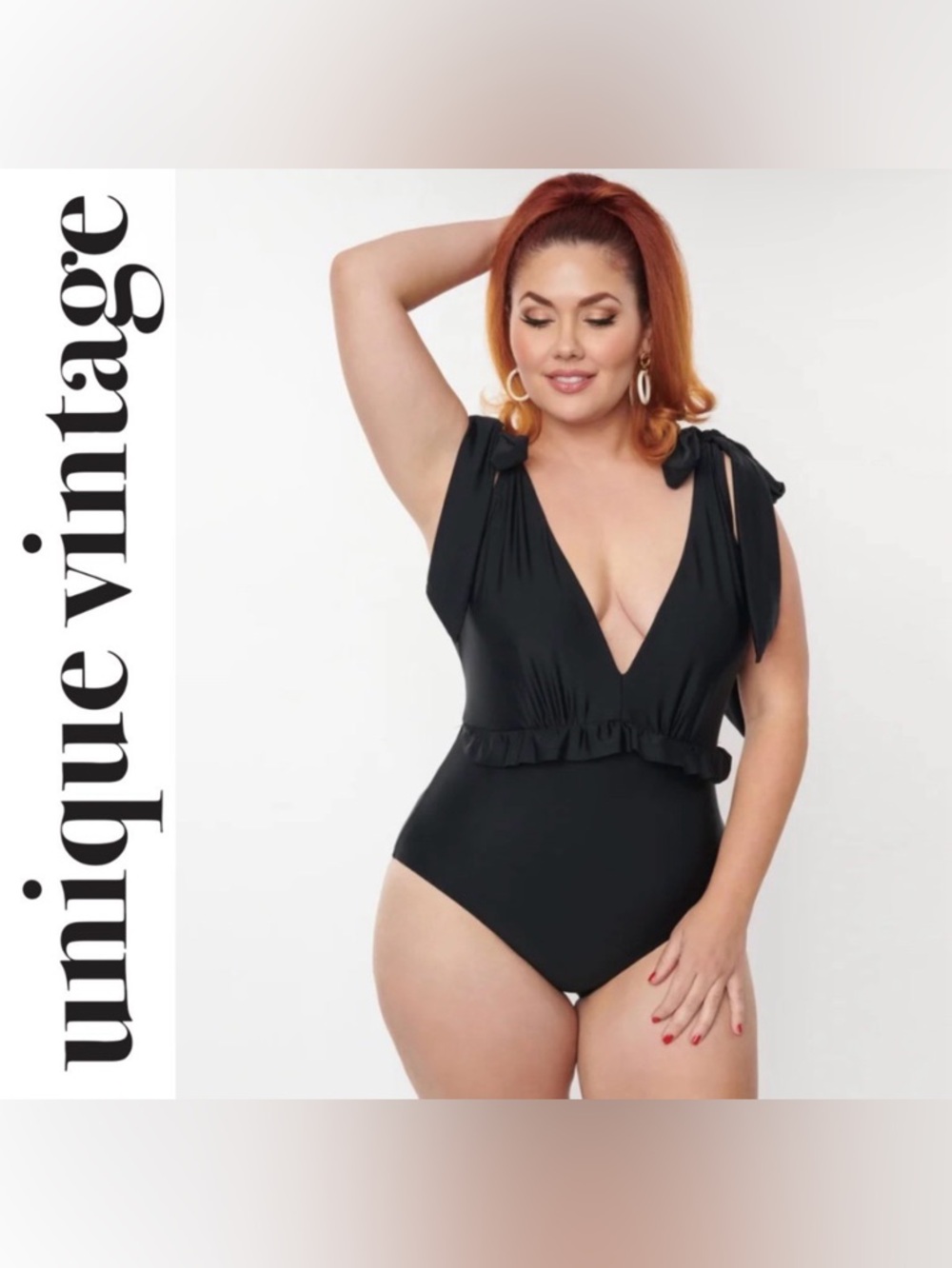 Unique Vintage Black Plunge One Piece Swimsuit, Size 1X, NWT!